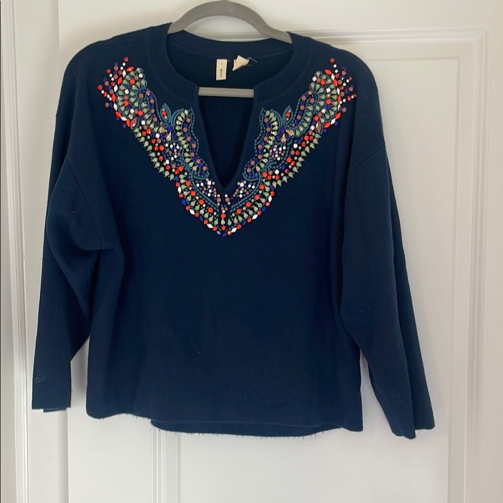 Embroidered Navy Top with Colorful Accents